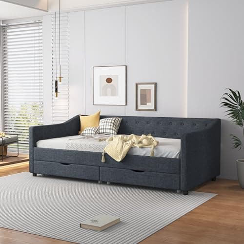Ergonomic Twin Upholstered Daybed with Drawers & Waved Arms, Dark Grey