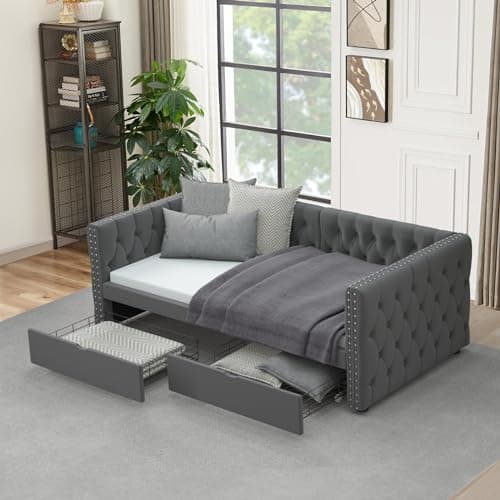 JEEOHEY Velvet Button Tufted Twin Daybed with Storage (Beige)