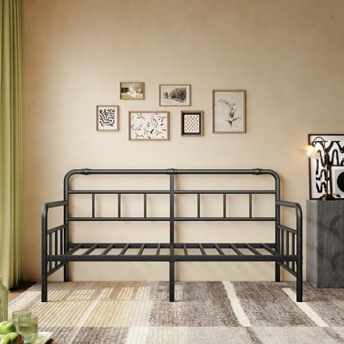 Twin Daybed Frame with Classic Headboard - Heavy Duty Steel Slats (Black)