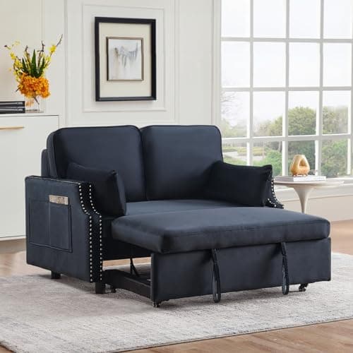 Convertible Sleeper Sofa Bed with Velvet Upholstery & Side Pocket.