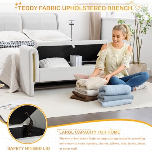 Modern Velvet Ottoman Storage Bench 53W - Velvet-Ivory