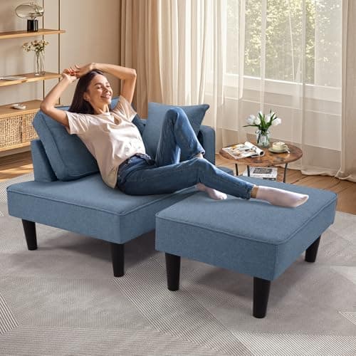 SEJOV Convertible Recliner Sofa Bed, Small Living Room Sectional with Chaise & 2 Pillows, Linen Blue
