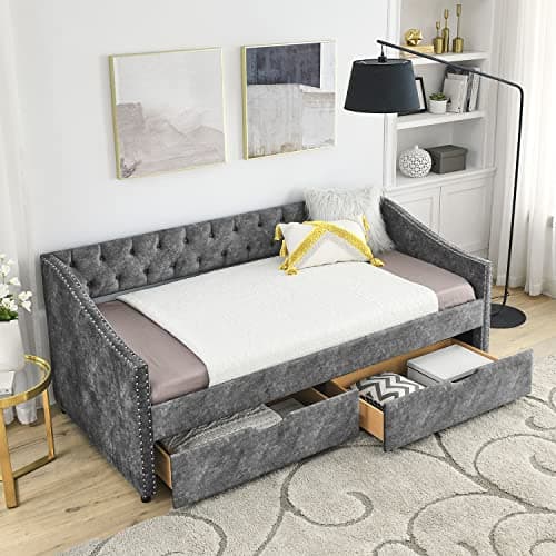 Modern Velvet Upholstered Daybed with Drawers