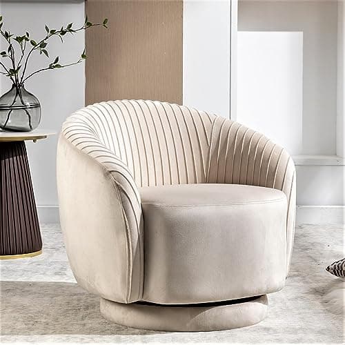 Elegant Ivory Barrel Swivel Chair with Velvet Upholstery and Smooth 360° Rotation