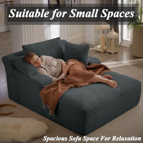 Oversized 49 Indoor Chaise Lounge Chair with 3 Pillows – Grey Corduroy, No Assembly Needed