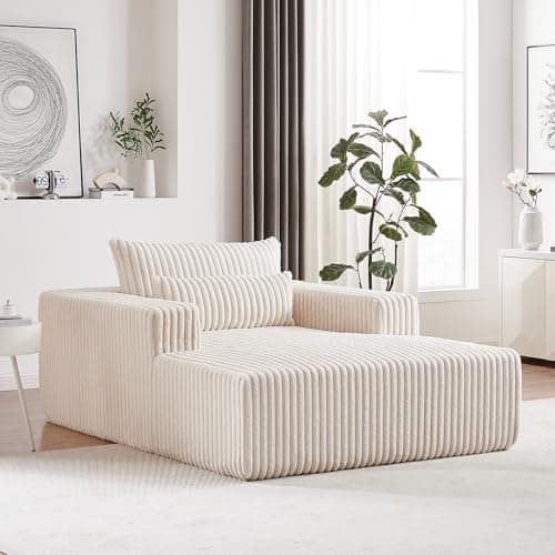 Oversized Grey Plush Corduroy Chaise Lounge Chair with Wide Armrests