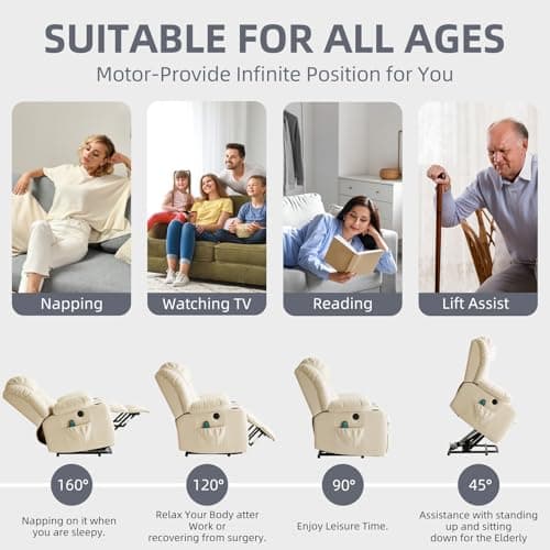 Electric Recliner Chair with Massage & Heat, Cup Holders, Remote Control, USB, Side Pockets, Leather (Beige)