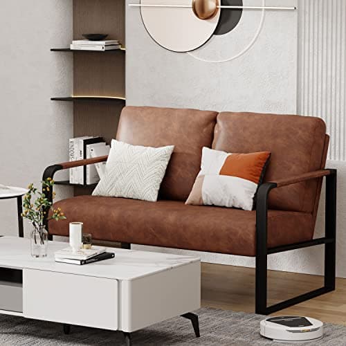 Mid Century Modern Dark Brown Faux Leather Love Seat Mini Couch