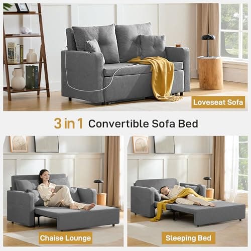 3-in-1 Full Size Grey Sleeper Sofa Bed with Storage & USB, Living Room & Bedroom Essential