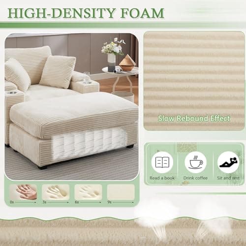 Oversized Beige Corduroy Chaise Lounge with Storage & Ottoman, Reclining Sofa Bed