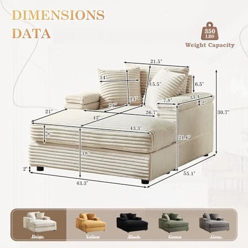 Oversized Chaise Lounge Chair Indoor with Ottoman, Corduroy Upholstered Comfy Sofa- Simplified for audience: 1 Seater, Beige