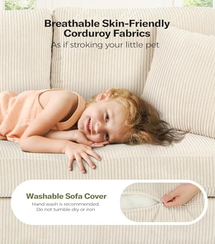 Kidirect Beige White 87in Extra Deep Living Room Sofa, Comfy Corduroy with 2 Pillows