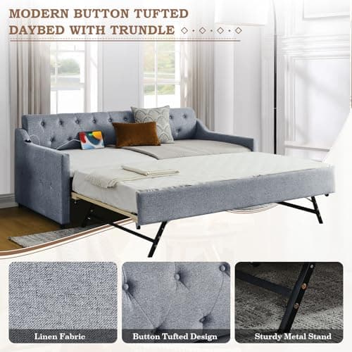 Twin Day Bed with Pop Up Trundle and USB Port for Living Room or Guest Room