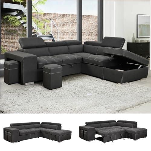 THSUPER Charcoal Grey 104" L-Shaped Sectional Sleeper Sofa with Storage Ottoman