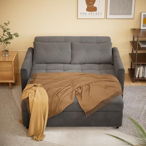 Gizoon 3-in-1 Loveseat Sleeper Sofa Bed with Pull-Out Couch, Linen Fabric, Dark Grey, for Living Room & Apartment