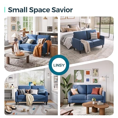 LINSY Blue Loveseat Sofa - Comfortable Small Space Couch with Thick Cushion
