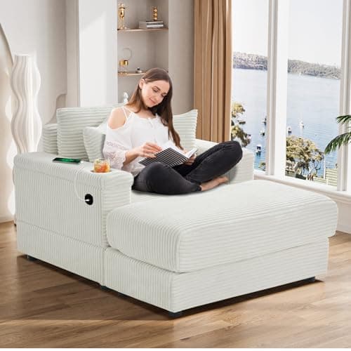 Beige & White Oversized Chaise Longue with USB & Cup Holder, 42" W