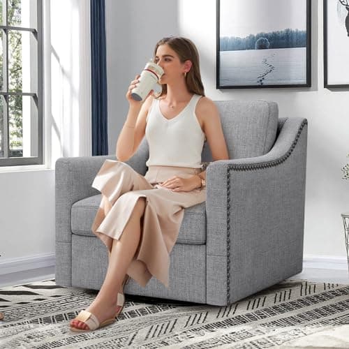 Modern Swivel Barrel Chair, Beige Linen, 360 Degree Rotation
