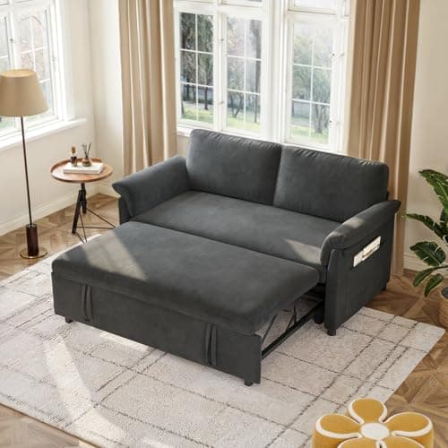 3-in-1 Chenille Convertible Sofa Bed with Pull-Out Bed & Adjustable Backrest, Grey