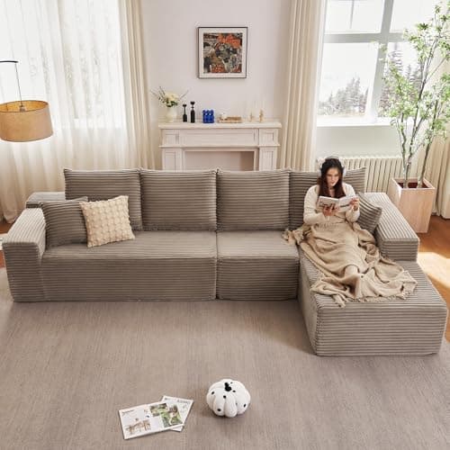 107" Modern Black Corduroy L-Shaped Sofa, Deep Seat Chaise for Living Room