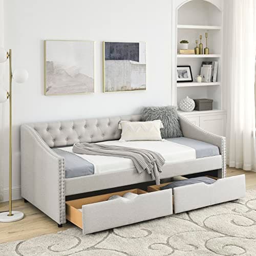 Upholstered Full Size Daybed with Storage and Headboard (Beige)