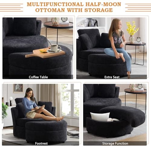 Oversized Black Swivel Accent Chair with Half Moon Ottoman for Nursery, Living Room, and Bedroom