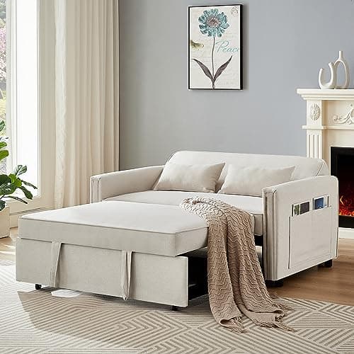 JEEOHEY 3-in-1 Convertible Sleeper Sofa Bed, 54 Linen Fabric Modern Pull Out Couch Bed, Comfy Futon Love Seat Sofa with Adjustable Backrest & Pillows, Beige