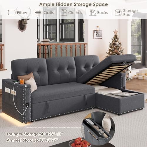 HIFIT 87" L-Shaped Sleeper Sofa Bed with LED Light, Grey