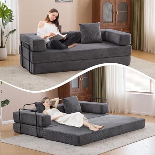4-in-1 Convertible Folding Sleeper Sofa Bed, Dark Grey Corduroy Mattress Couch