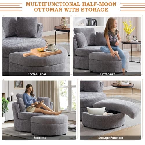 Modern Swivel Chair with Storage Ottoman, Oversized Round Barrel Chair for Nursery, Living Room, Bedroom