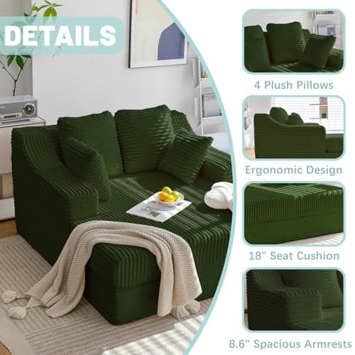 Oversized Green Chaise Lounge Chair with 4 Pillows, Living Room or Bedroom Sleeper
