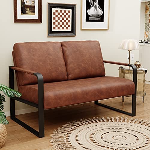 Mid Century Modern Dark Brown Faux Leather Love Seat Mini Couch