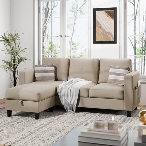 JAMFLY L-Shaped Sectional Sofas with Storage for Small Spaces, Light Brown