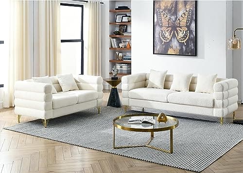 Teddy Bouclé 3 Seater & Loveseat Sofa Set, Green Gold Legs