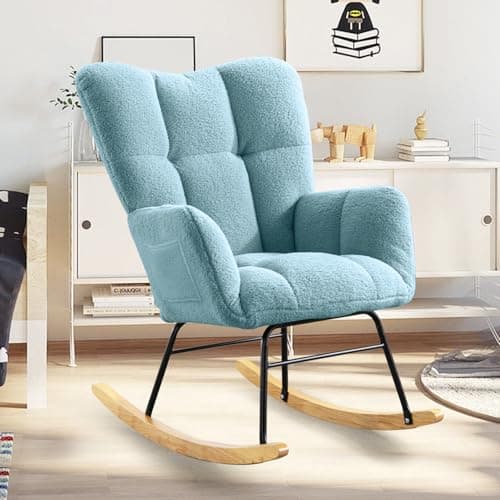 Beige Teddy Upholstered Rocking Chair with High Backrest for Bedroom & Living Room