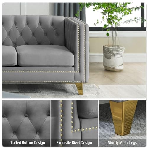 Oversized Velvet L Shaped Chesterfield Sofa with Deep Seat Corner, Button Nailhead Detail, Grey Color