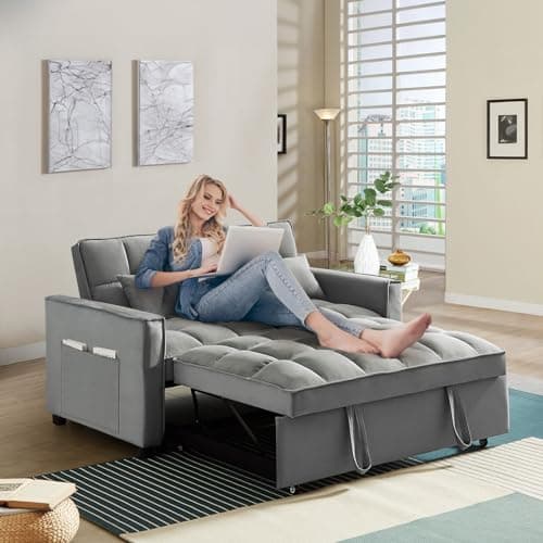 Convertible Sleeper Sofa Bed, Velvet Upholstered Futon Couch with Adjustable Backrest (Grey)