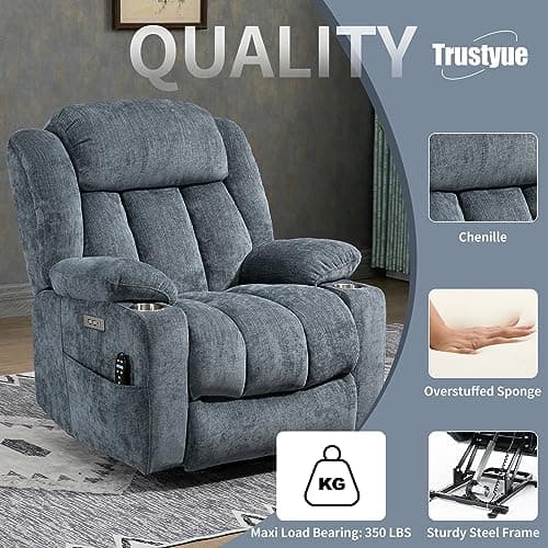Chenille Blue Power Lift Recliner with Full-Body Massage and Heat