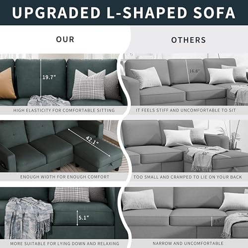 SUNLEI Movable Ottoman Storage L-Shaped Couch, Dark Grey Linen, Living Room Fit Small Spaces