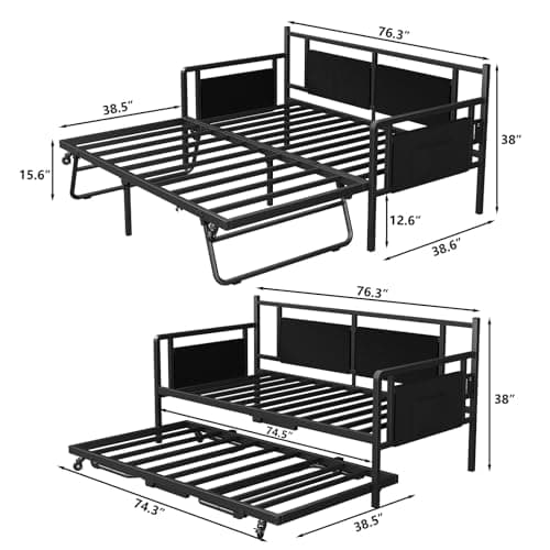 Furniouse Black Twin Daybed with Charging & LED Lights, Trundle Bed Frame