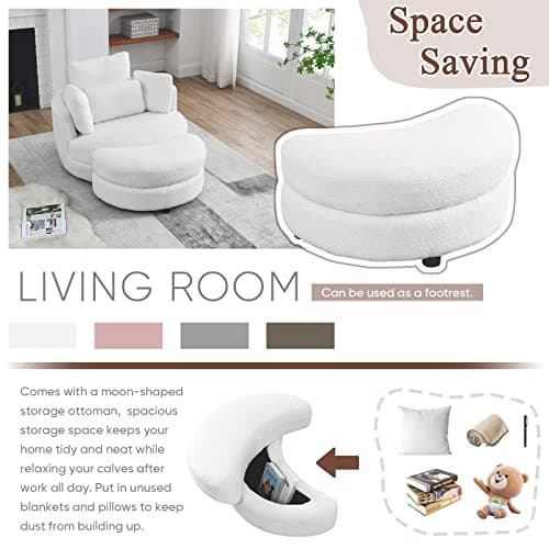 Modern Swivel Chair with Storage Ottoman in White Teddy Fabric