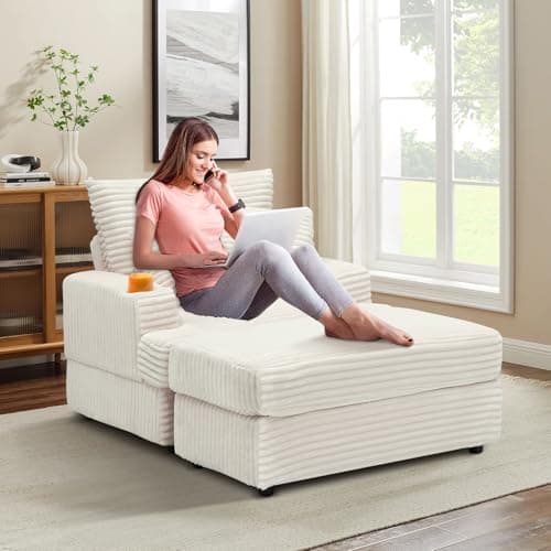 Cozy Chaise Lounge Chair with Ottoman for Indoor, Modern Deep Seat Sofa (White)