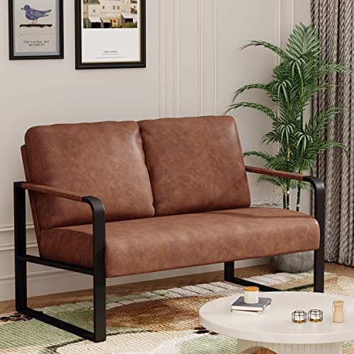 Mid Century Modern Dark Brown Faux Leather Love Seat Mini Couch