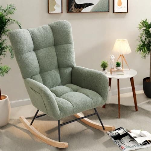 Teddy Upholstered Glider Rocking Chair with High Backrest, Armrest & Side Pockets