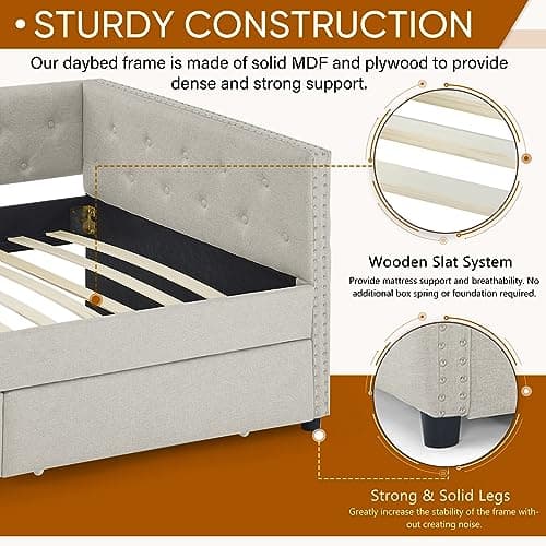Twin Size Daybed with Storage Drawers, Linen Upholstered Sofa Bed Frame