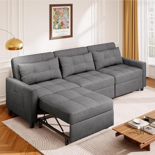 Aiho 84 Inch Pull Out Couch withAdjustable Backrest & Ottoman, Dark Grey