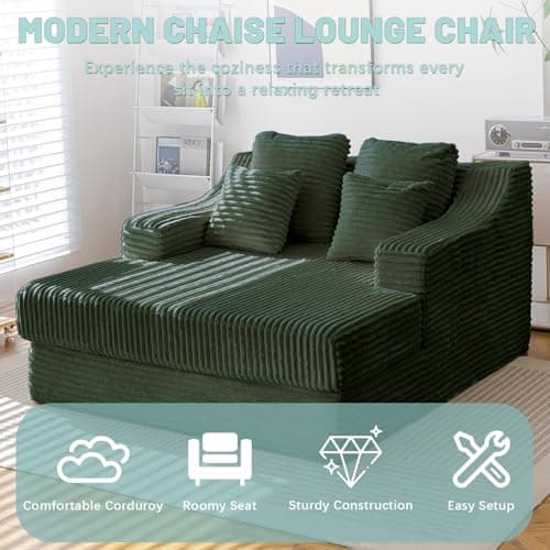 Oversized Green Chaise Lounge Chair with 4 Pillows, Living Room or Bedroom Sleeper