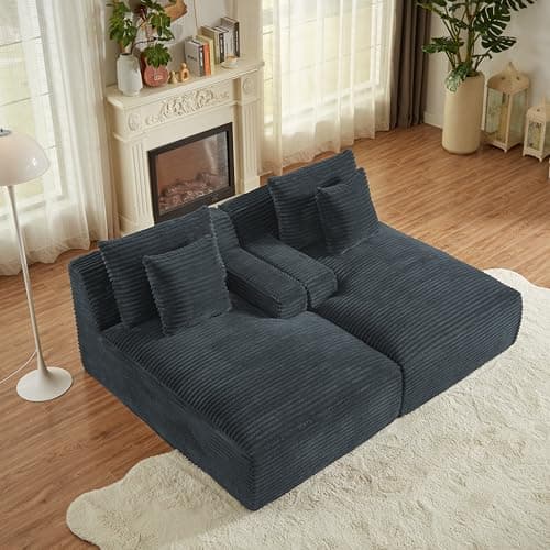 Eafurn Corduroy Upholstered Chaise Lounge Sofa with Ottoman & Cupholders