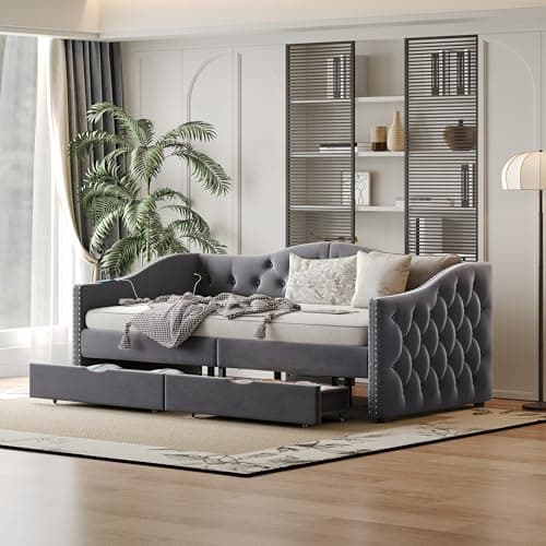 Twin Upholstered Daybed with Storage, Button-Tufted Velvet Sofa Bed,Haze Grey