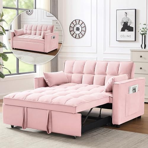 3-in-1 Convertible Living Room Couch Bed, Grey Velvet Fabric | Side Pocket & Adjustable Backrest